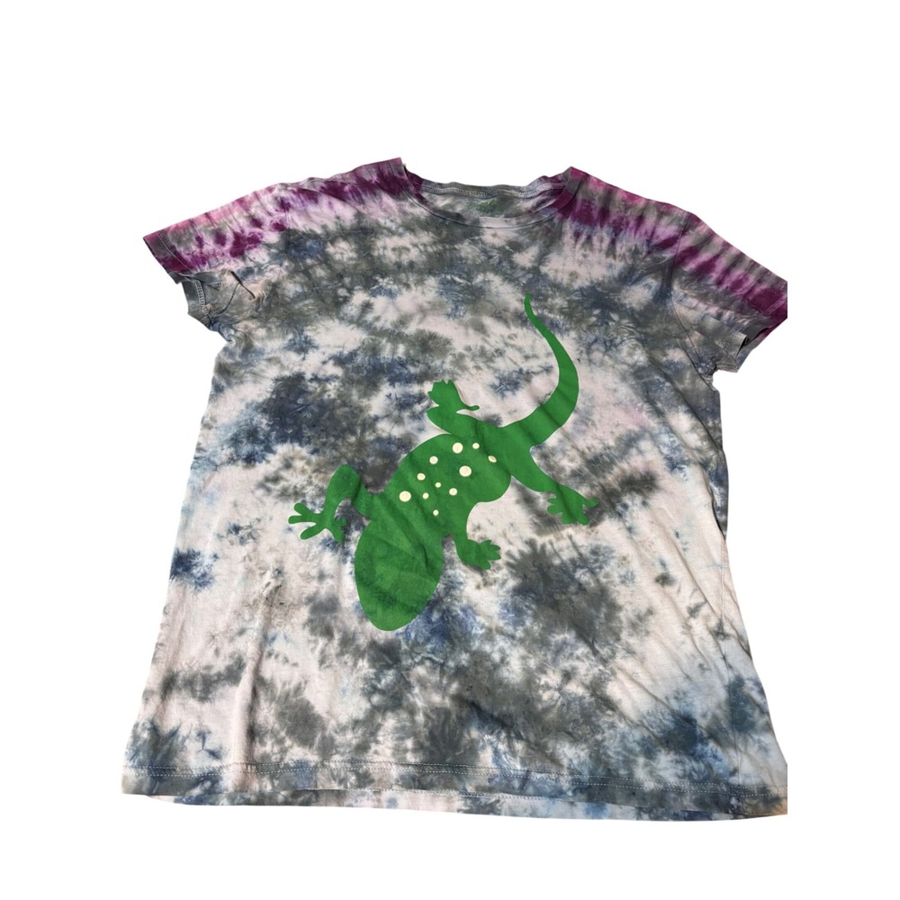 Doodle Tees Old Skool T-Shirt Unisex XL Grey Tie Dye Gecko Graphic Tee